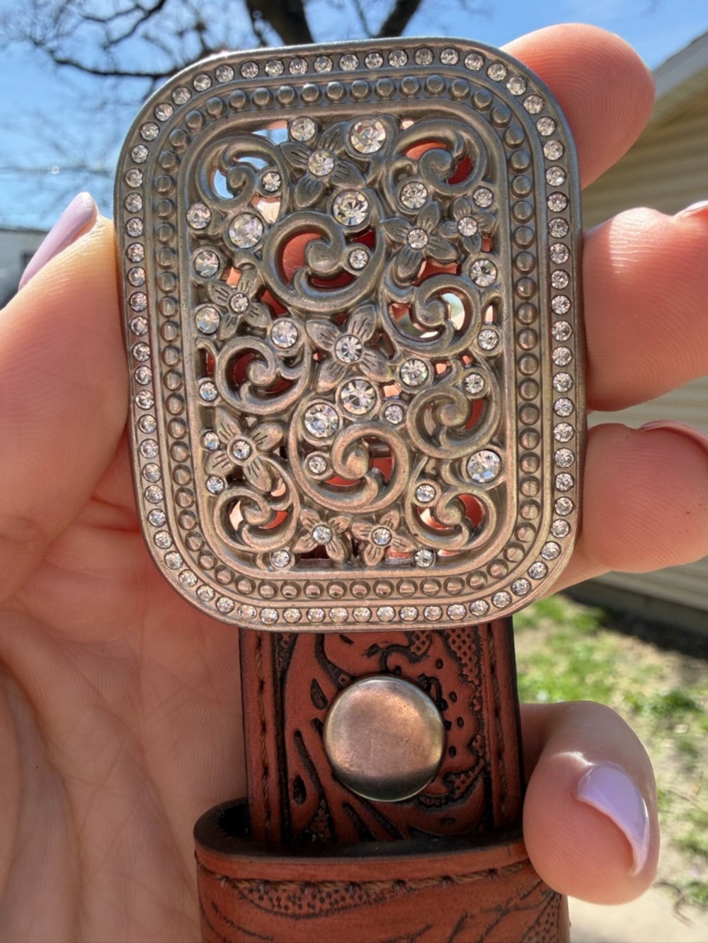Rhinestone Filigree Silver Belt Buckle with Brown Tooled Leather Belt